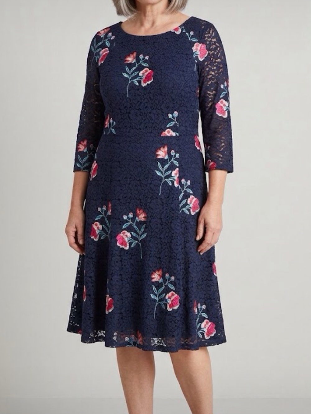 Eliza J 16 Navy Lace Floral Embroidered Midi Dress 3/4 Sleeve Mother of Groom